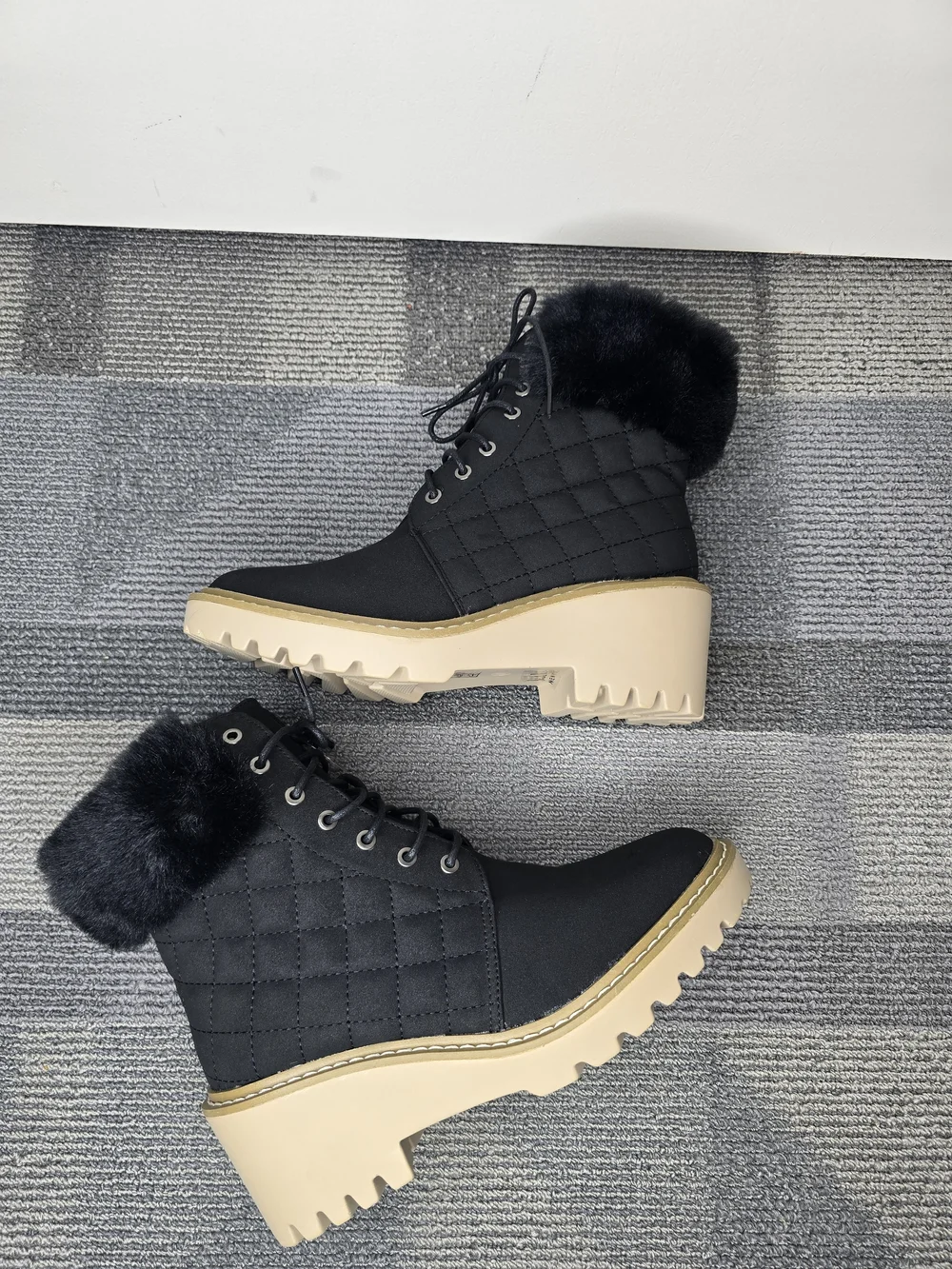 Nicole Miller Black Quilted Faux-Fur Lace-Up Ankle Boots with Tan Lug Sole